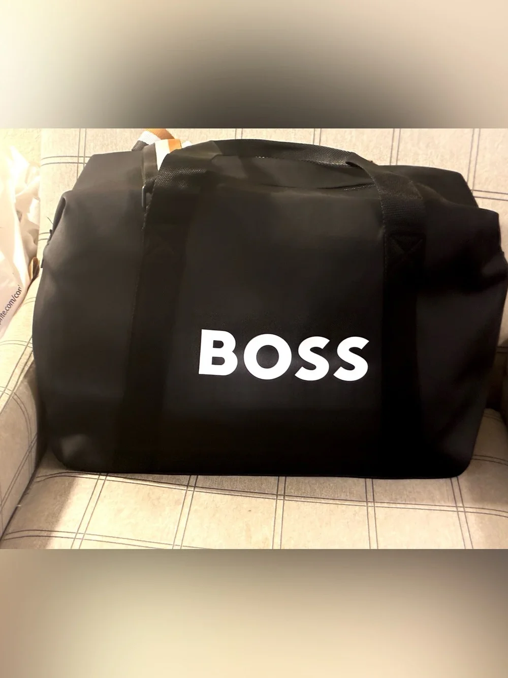 Ace!Hugo Boss Black Duffel Bag with White Logo and Royal Blue brown white strap